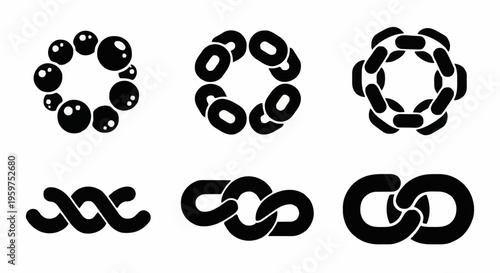 Top-down view displaying six diverse chain link designs arranged in two rows on a plain white backdrop, captured as a detailed photograph