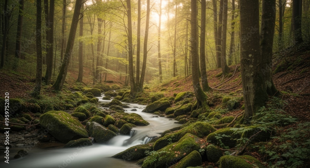 Obraz premium Mossy forest stream with sunlight filtering through trees