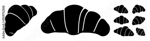 Croissant pastry silhouette set with stylized minimalist line art featuring French pastry, breakfast, laminated design with culinary and baked goods