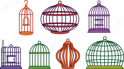 Set of decorative bird cages including vintage round and dome shapes isolated colorful vector illustration for home decor and pet design