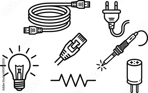 Set of electrical components icons including cable plug resistor bulb soldering iron and connectors for electronics engineering vector illustration design
