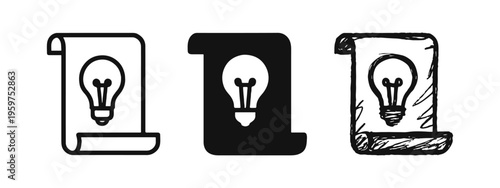 Idea Document and Innovation Icon Set - Patent Scroll with Lightbulb for Creative Solutions