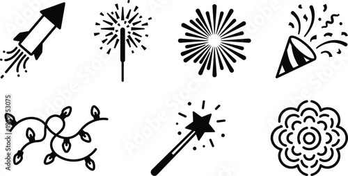 Set of fireworks and celebration icons including rocket sparkler burst confetti party popper lights and magic wand symbols vector illustration