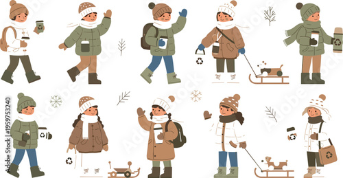 Cute children enjoying winter activities flat vector illustration kids walking playing in snow with warm clothes sled and seasonal elements set