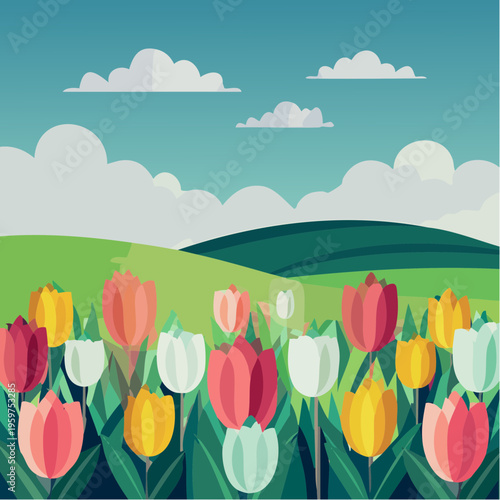 Vibrant Spring Meadow Vector Illustration with Colorful Tulips, Green Rolling Hills and Blue Sky