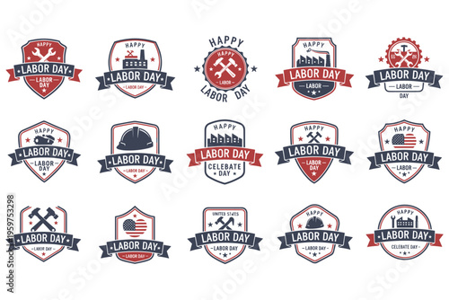 Labor Day emblems and icons collection with industry, tools, and celebration themes representing working people and a festive holiday spirit