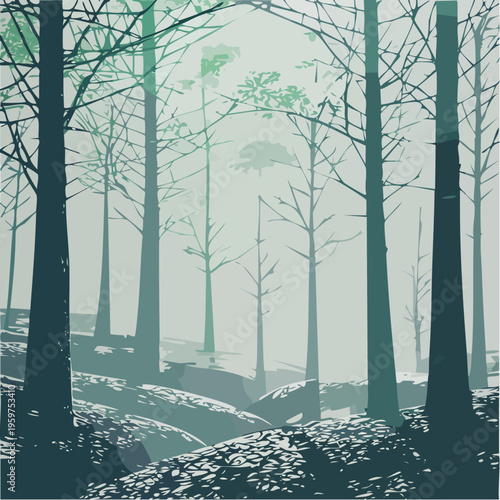 Ethereal Autumnal Forest Vector Landscape with Silhouette Trees and Teal Foliage Texture