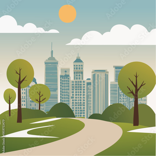 Flat Vector Illustration of a Vibrant City Park with Green Trees and Modern Urban Skyline