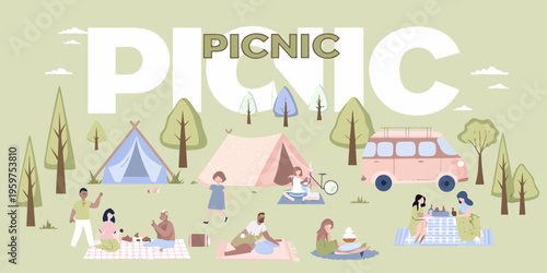 A cheerful illustration depicts a vibrant outdoor picnic and camping scene