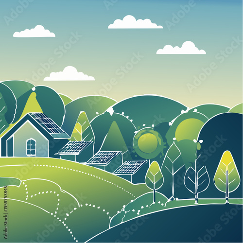 Eco-Friendly Sustainable Living Illustration: Geometric Vector Scene of Houses with Solar Panels in a Green Rural Landscape
