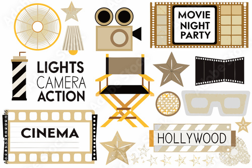 A collection of illustrated movie themed elements on a white background