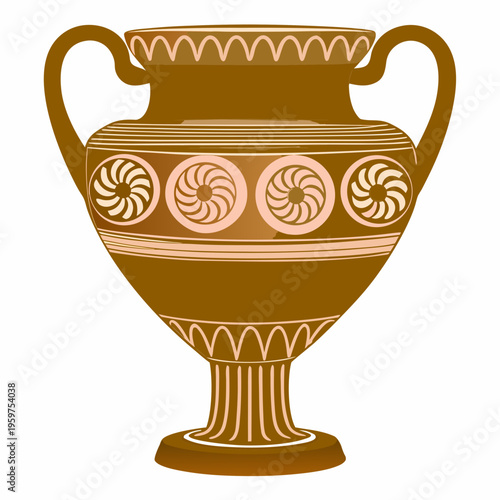 Ancient greek amphora with swirling designs and decorative handles displayed