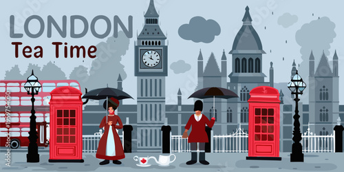 A colorful illustration depicts iconic london landmarks and traditional scenes