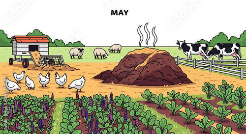 A colorful vector illustration of a farm scene in May with animals and crops growing