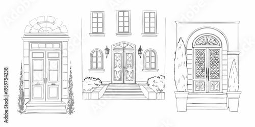 Sketch of three ornate doorways with architectural details and landscaping