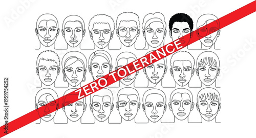 Diverse faces with zero tolerance concept in a line drawing style illustration