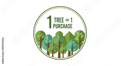 A green circular logo featuring trees and the slogan '1 tree = 1 purchase' for eco-friendly business branding