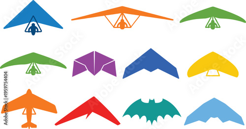 Set of hang glider and flying wing silhouettes including aerial sport aircraft shapes isolated colorful vector illustration for aviation design