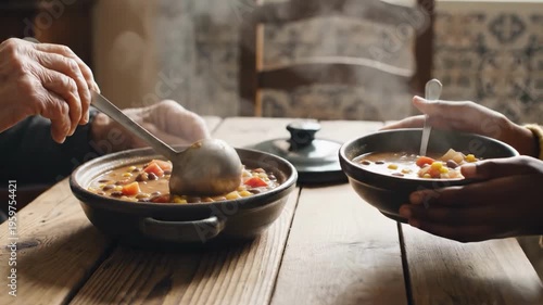 Two people serving chili from a pot on a wooden table