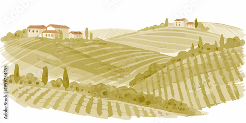 Watercolor painting of a tuscan hillside landscape with quaint buildings