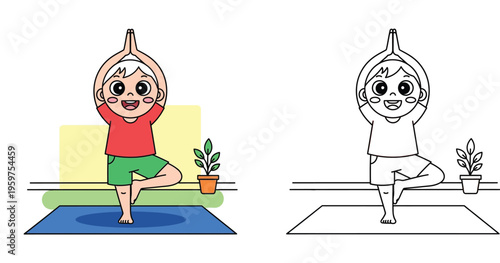 Cute Cartoon Boy Practicing Yoga Tree Pose - Kids Fitness and Wellness