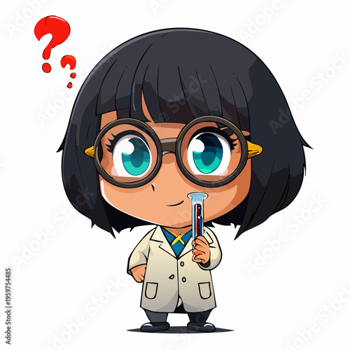 Cute Chibi Scientist Character Thinking with Test Tube and Question Marks - Professional Vector Illustration of Curious Research Girl in Lab Coat
