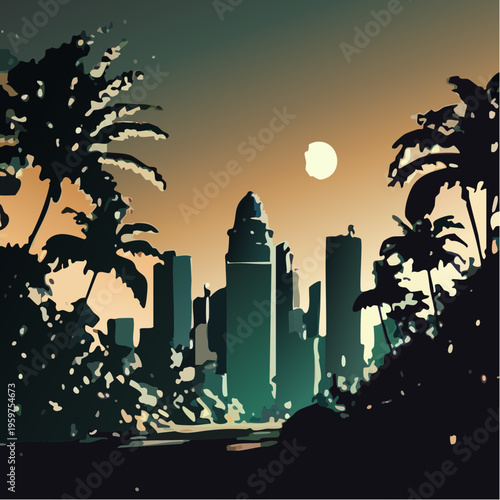 Vibrant Tropical City Skyline Vector Illustration with Palm Tree Silhouettes and Minimalist Geometric Architecture at Sunset