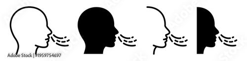Breathing icon set with human head outline and airflow symbols. Pictograms showing inhale, exhale, fresh or polluted air, smell and breathing concept. Health and air quality signs.