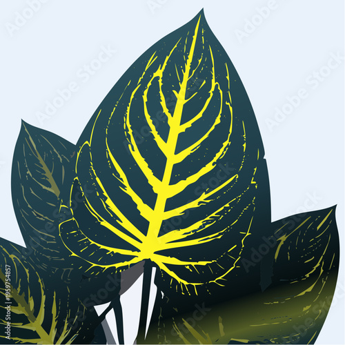 Vibrant Flat Vector Illustration of Calathea Orbifolia Leaves with Bold Yellow Veining, Tropical Botanical Foliage Art for Modern Decor