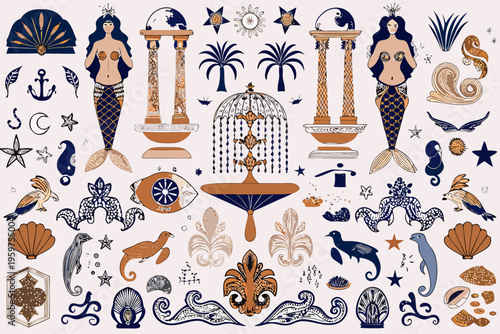 Vintage style illustration featuring mermaids architecture and marine life