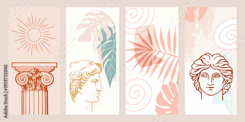 Aesthetic collage featuring classical elements botanical motifs and ancient busts