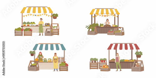 Colorful farmers market stalls with vendors and fresh produce displays