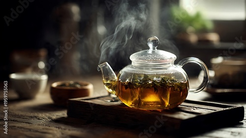 Steaming golden brew in a glass teapot, its soothing essence easing weary joints, offering clarity as sharp as a knife's edge in a tranquil morning ritual