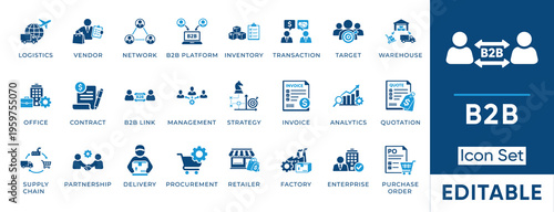 Professional vector icons of truck, building, box, document, and person. Perfect for objects and signs. Features editable strokes and pixel-perfect grid.