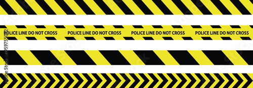 Yellow and black danger tape set with skull symbols for safety hazard zones roads and construction. Includes caution ribbons warning lines for police accidents and construction.