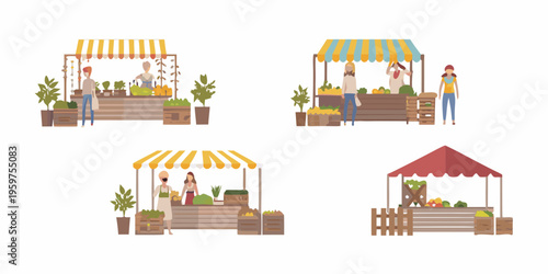 Colorful farmers market stalls with vendors and fresh produce displays