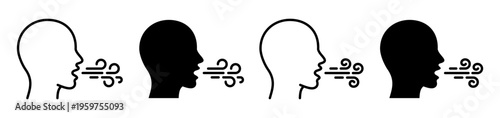 Respiratory breathing icon set. Human head silhouette with airflow stream, coughing and exhalation symbols. Filled pictograms representing breathing problems, air pollution and healthcare themes. 