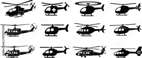 Set of helicopter silhouettes including military rescue transport and civilian chopper designs isolated black vector illustration for aviation transport and flight projects