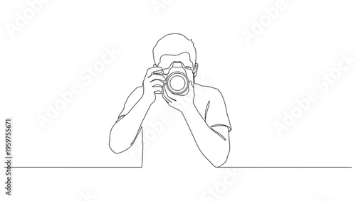 Continuous one line drawing of man taking picture with camera. Photography concept vector art. Doodle line illustration