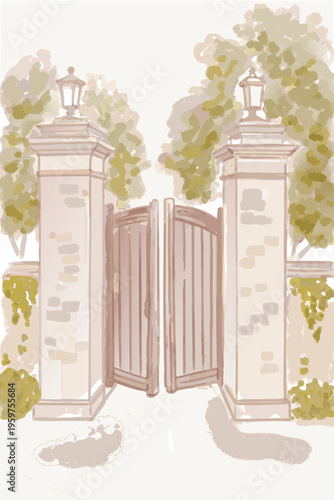 An artistic rendering of an open wooden gate with stone pillars