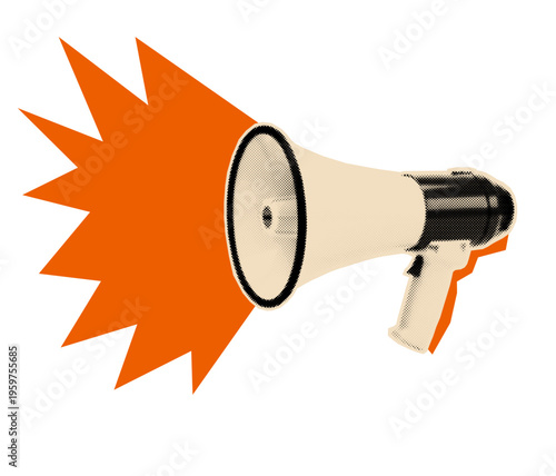 Halftone cutout megaphone sticker in retro pop art collage style for creative DIY zine designs.
