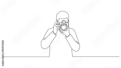 Continuous one line drawing of man taking picture with camera. Photography concept vector art. Doodle line illustration