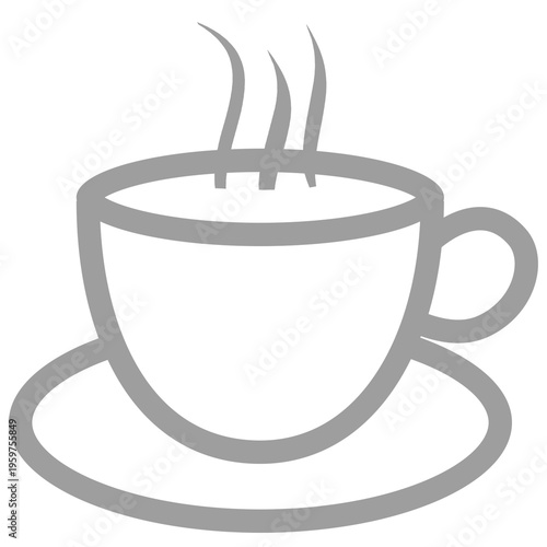 Gray Coffee cup icon with steam and saucer isolated on transparent background, minimalist hot beverage symbol PNG