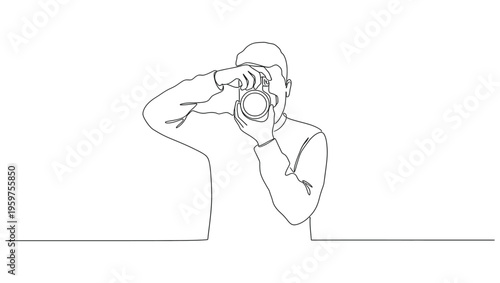 Continuous one line drawing of man taking picture with camera. Photography concept vector art. Doodle line illustration