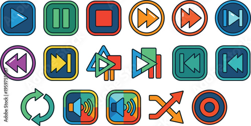 Set of media control icons including play pause stop forward rewind volume shuffle and repeat buttons for audio video interface