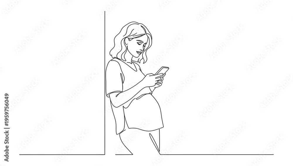 Fototapeta premium Single continuous line drawing young woman with smartphone on the wall. Single line draw design vector graphic illustration