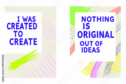 Two abstract panels with bold text exploring creation and originality