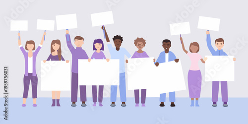 Diverse group of people protesting with blank signs raising awareness