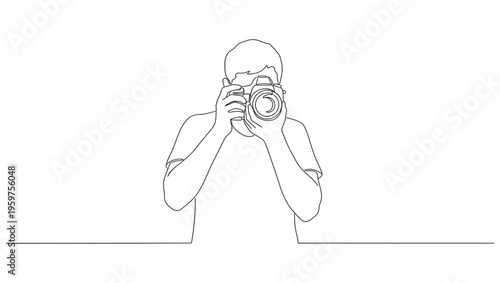 Continuous one line drawing of man taking picture with camera. Photography concept vector art. Doodle line illustration