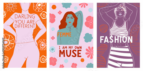 Three illustrated panels featuring women and empowering text statements